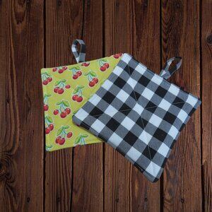 Handmade Potholder, Set of 2, Reversible Cherries and Buffalo Check Hot Pad